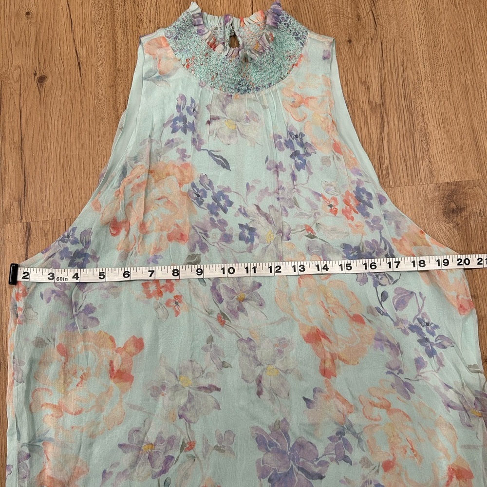 Alice + Olivia Floral Smocked High Neck Blouse Blue Sleeveless Small - Picture 11 of 12
